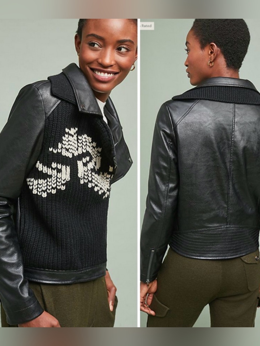 ett:twa by Anthropologie Sweater-Trimmed Faux-Leather Moto Jacket Size Large